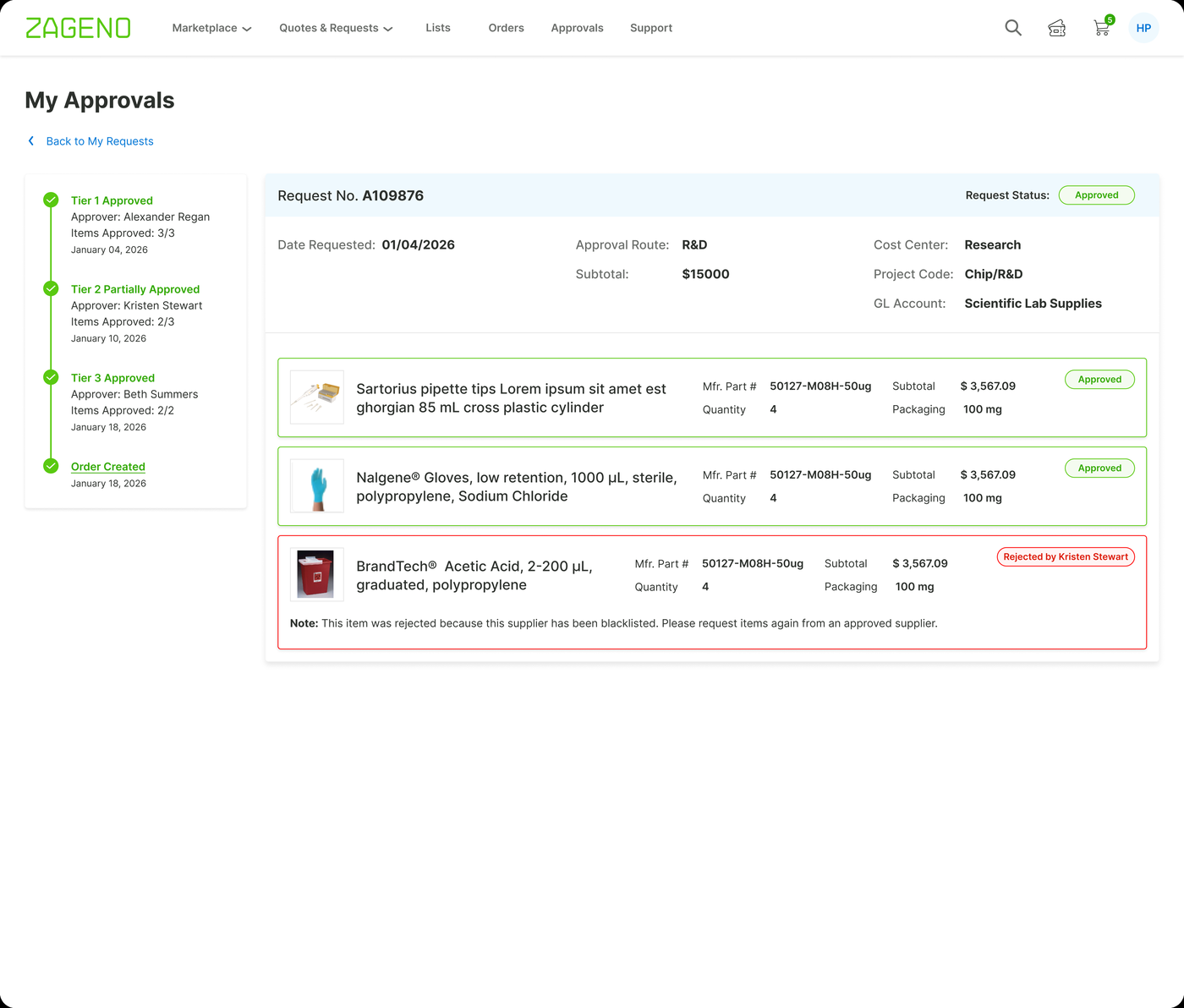 Requester view of Approval Routes