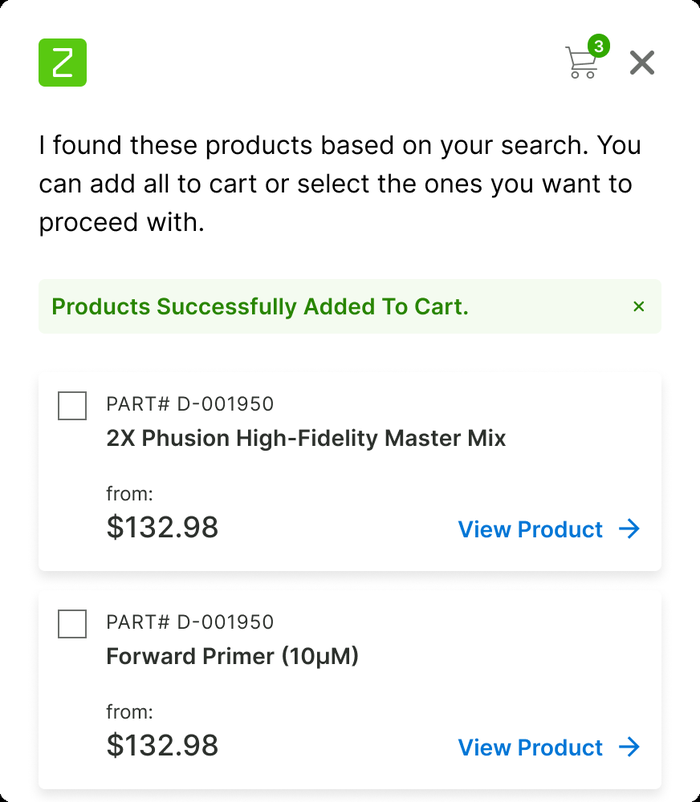 Confirmation that products were added to cart