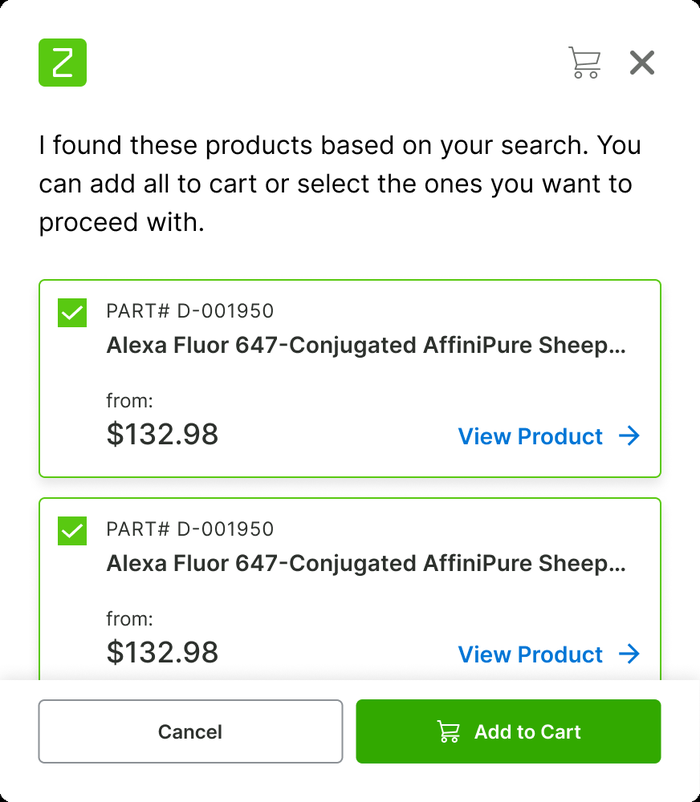 Selected products ready to add to cart
