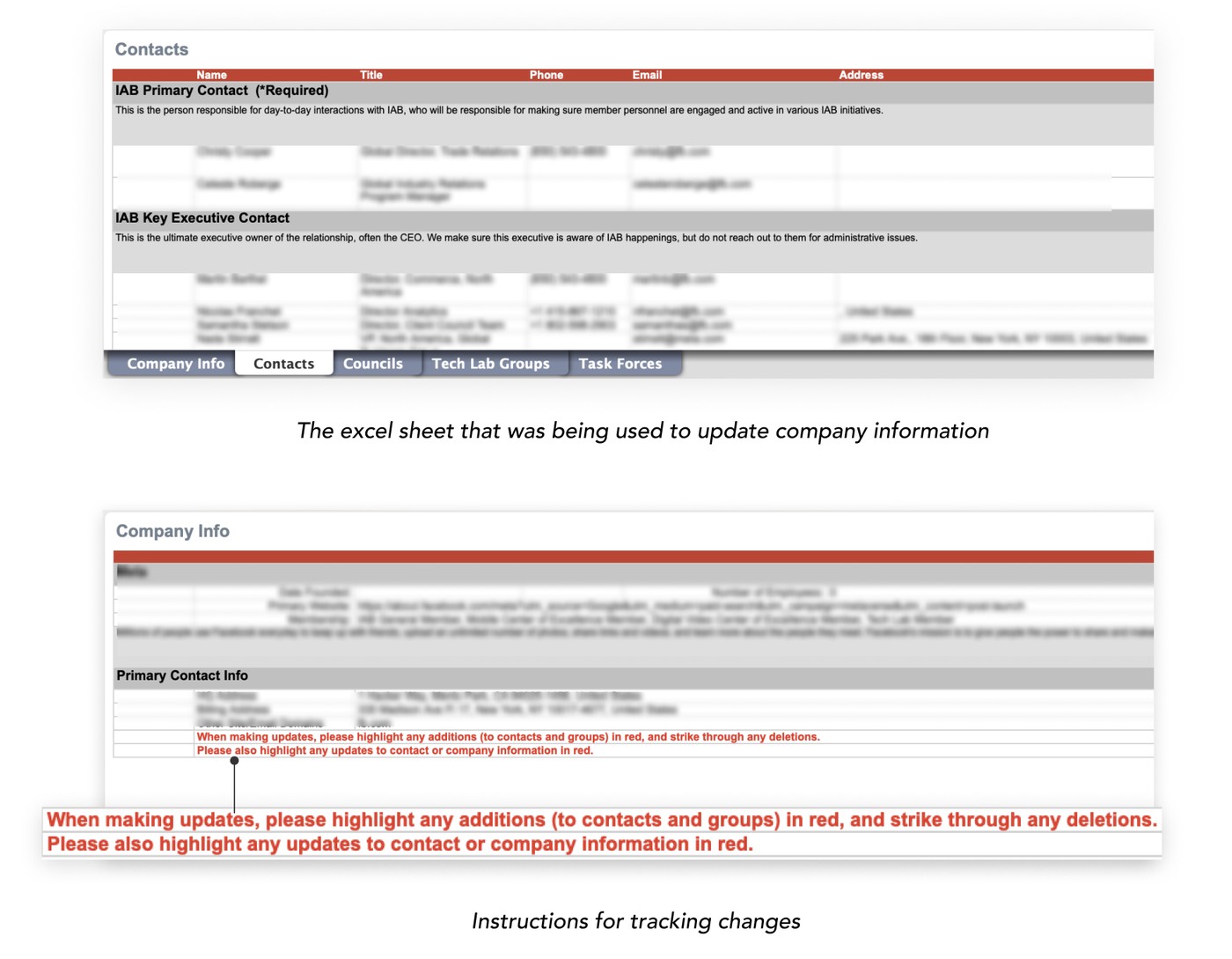 Excel sheet used for manual member updates, with tracked-change instructions