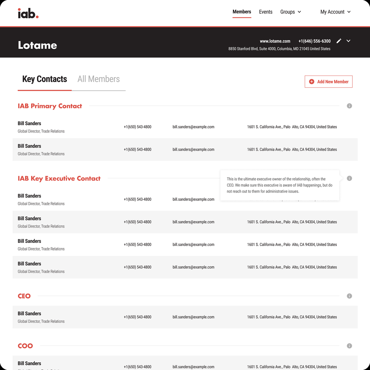 Key contacts and member list view