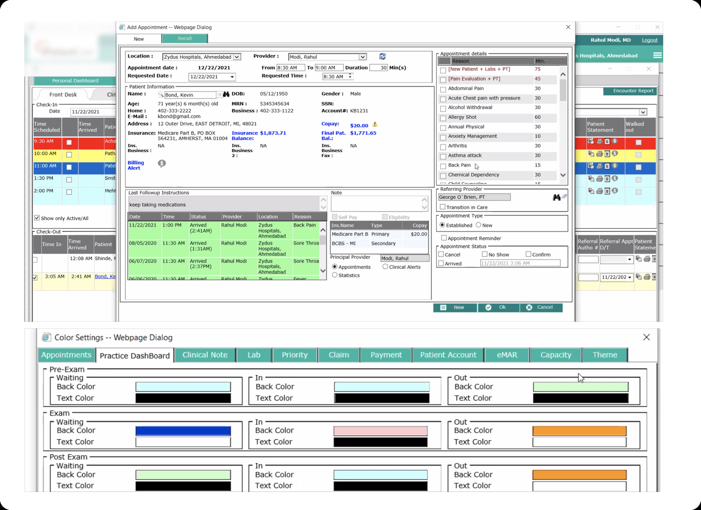 Previous version of the scheduling and patient management interface